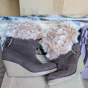 Brown Faux Fur Wedge Boots